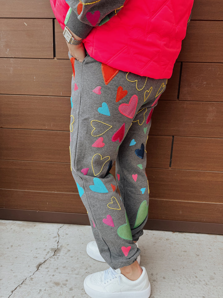 QOS Grey Groovy Hearts All Over Joggers