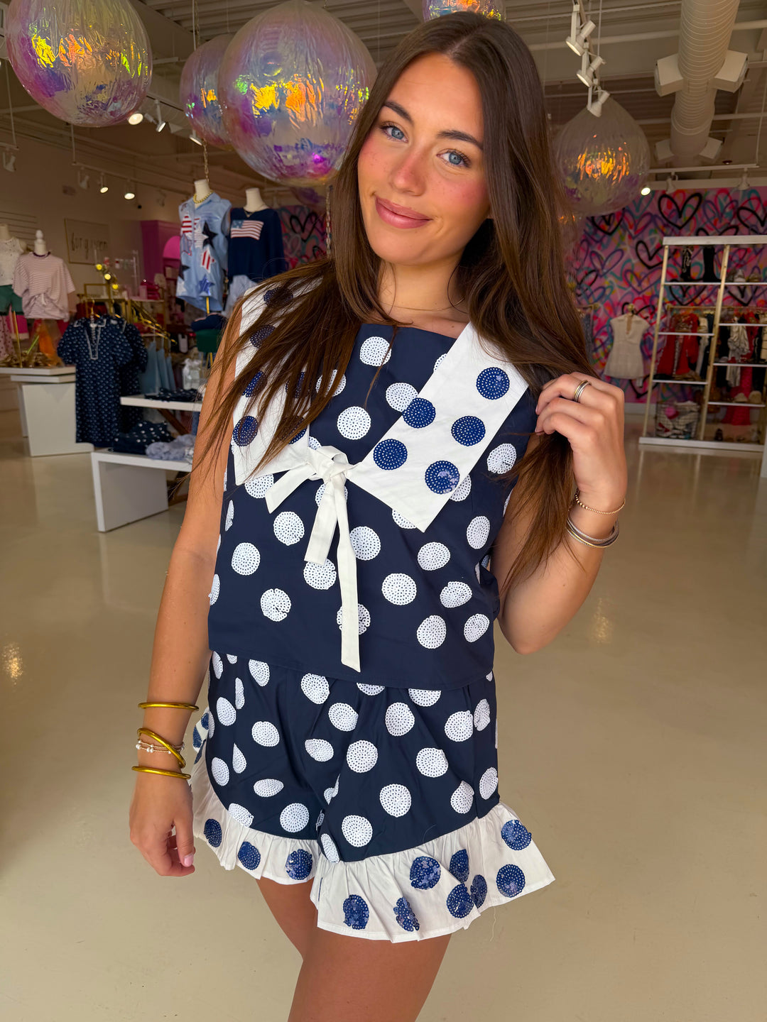 QOS Navy & White Polka Dot Collard Tank