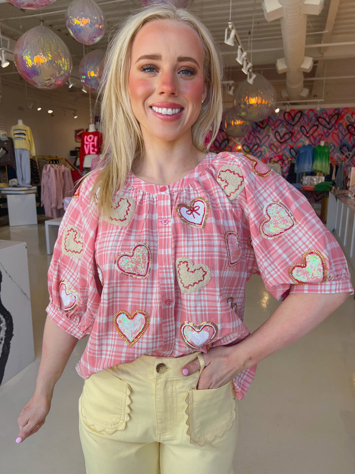Light Pink & White Plaid Heart Button Down