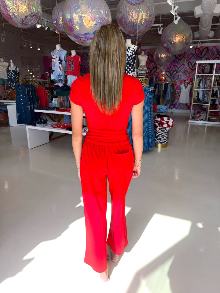 Red Drawstring Wide Leg Pant