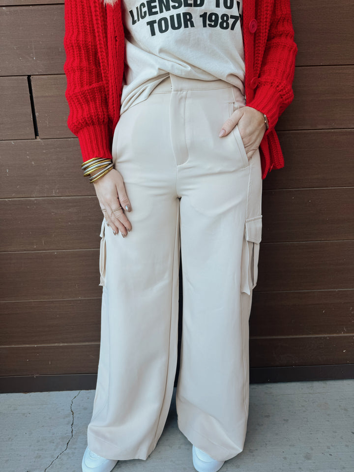 Cream Wide Leg Cargo Pants