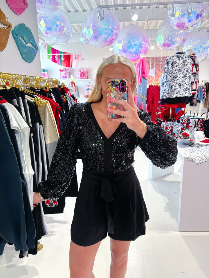 Show Stopper Black Sequin Romper