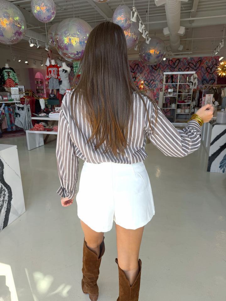 Henley Brown Striped Collard Blouse