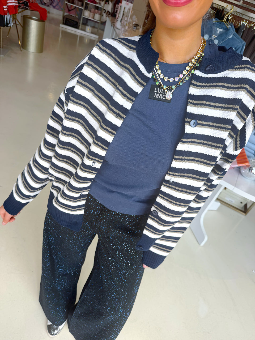 Nicole Navy & Ivory Striped Button Front Cardigan Sweater