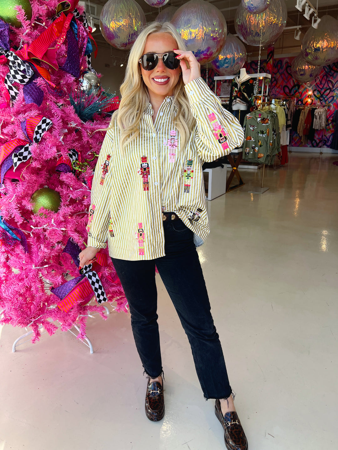 QOS Gold Metallic Stripe Nutcracker Button Up Top