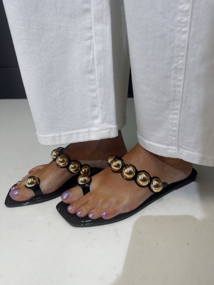 Black Ring Toe Studded Strap Jelly Sandals