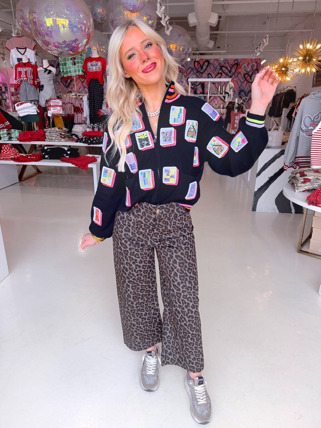 QOS Mahjong Tile Zip Up Mock Neck Sweater