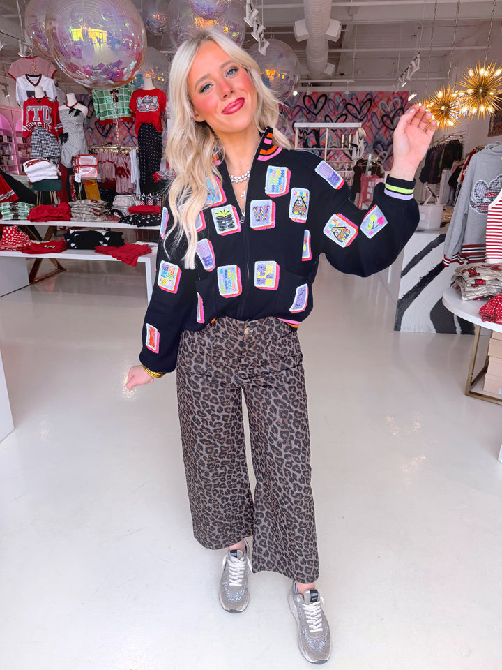 QOS Mahjong Tile Zip Up Mock Neck Sweater