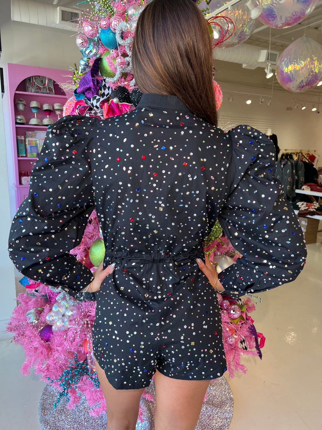 QOS Black Rhinestone Longsleeve Romper