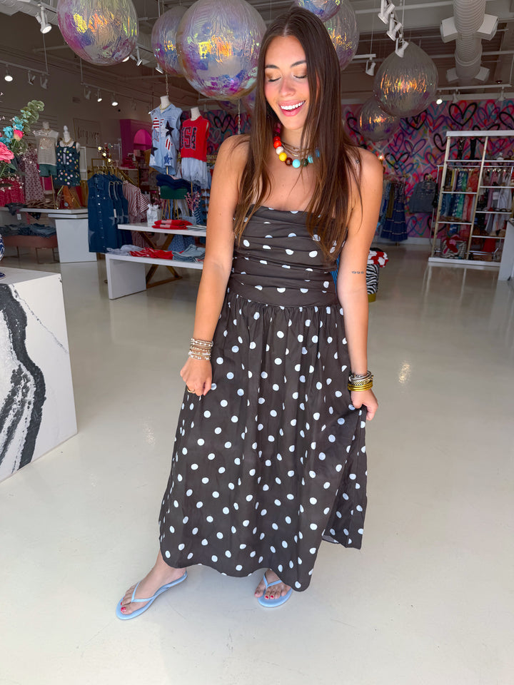 Brown and Blue Polkadot Midi Dress