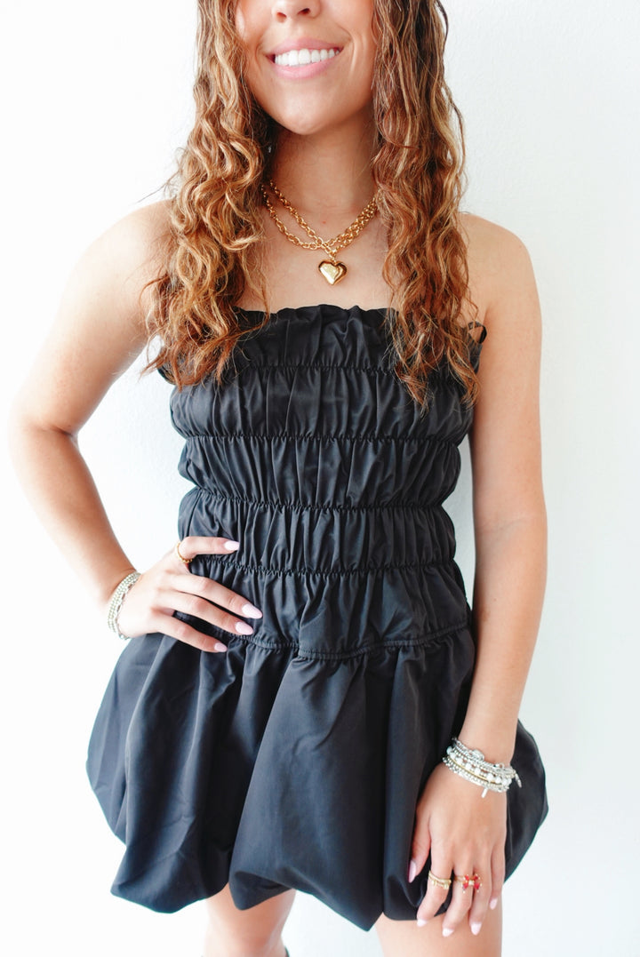 Bella Black Ruched Top Balloon Mini Dress