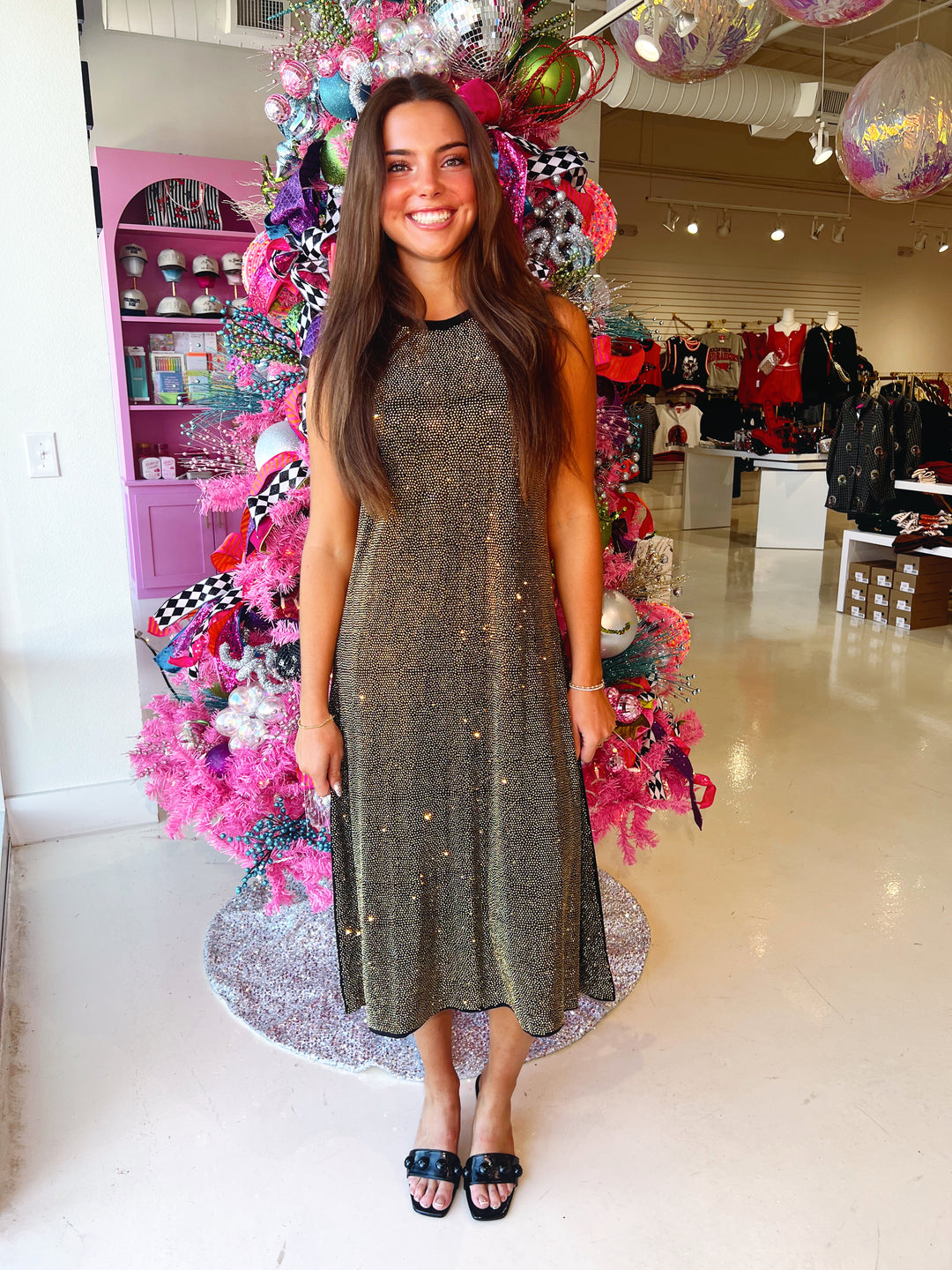 QOS Black & Gold Full Rhinestone Midi Dres – Brookeside Company