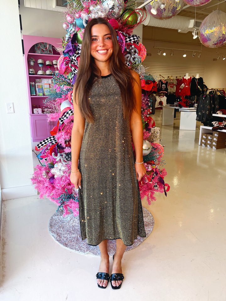 QOS Black & Gold Full Rhinestone Midi Dres