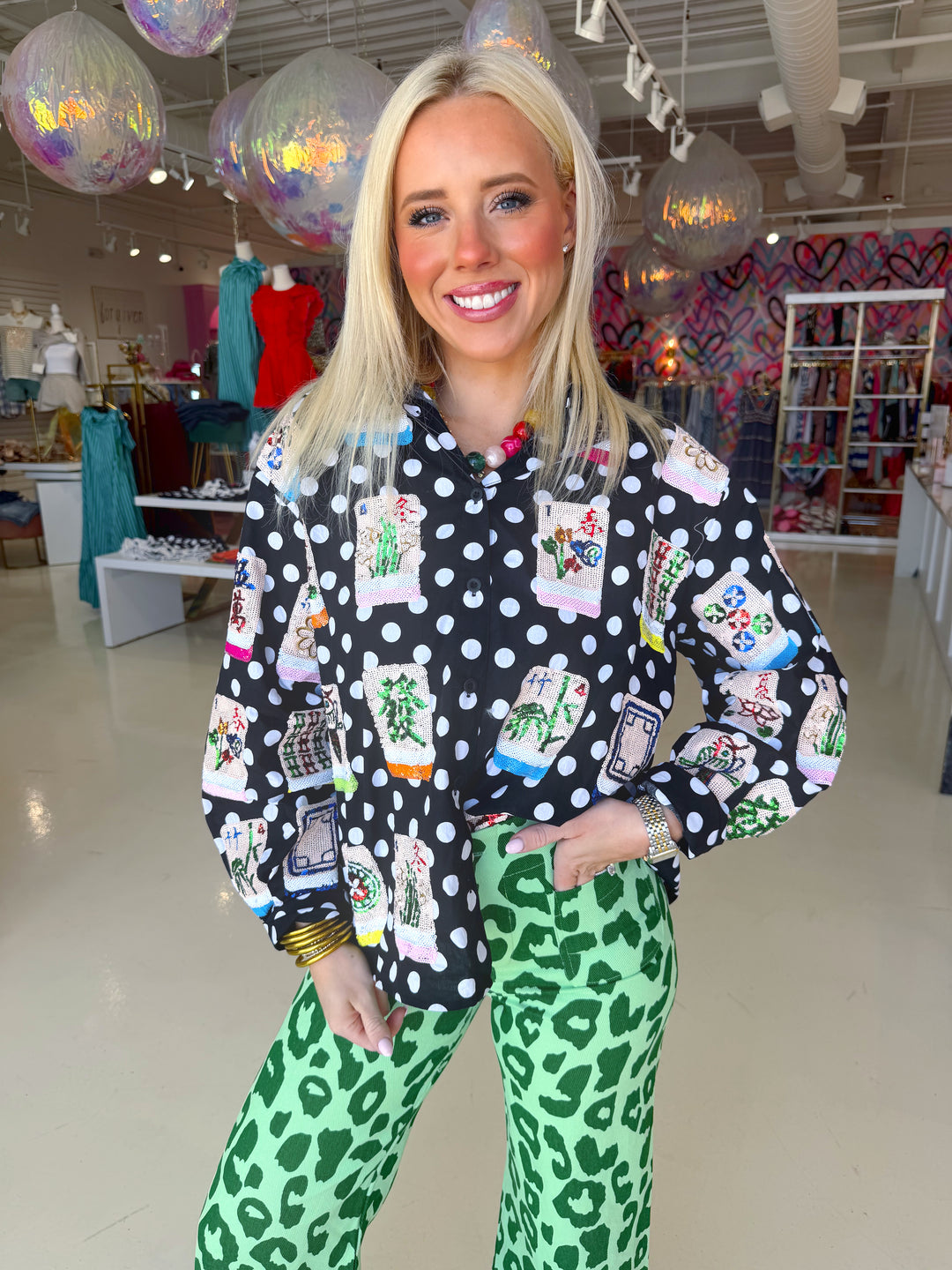 QOS Black & White Polka Dot Mahjong Button Up Top