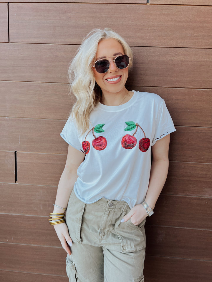 QOS White Frill Edge 2 Cherry Tee