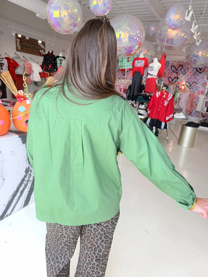 QOS Dark Green Multi Sequin Button Up Top