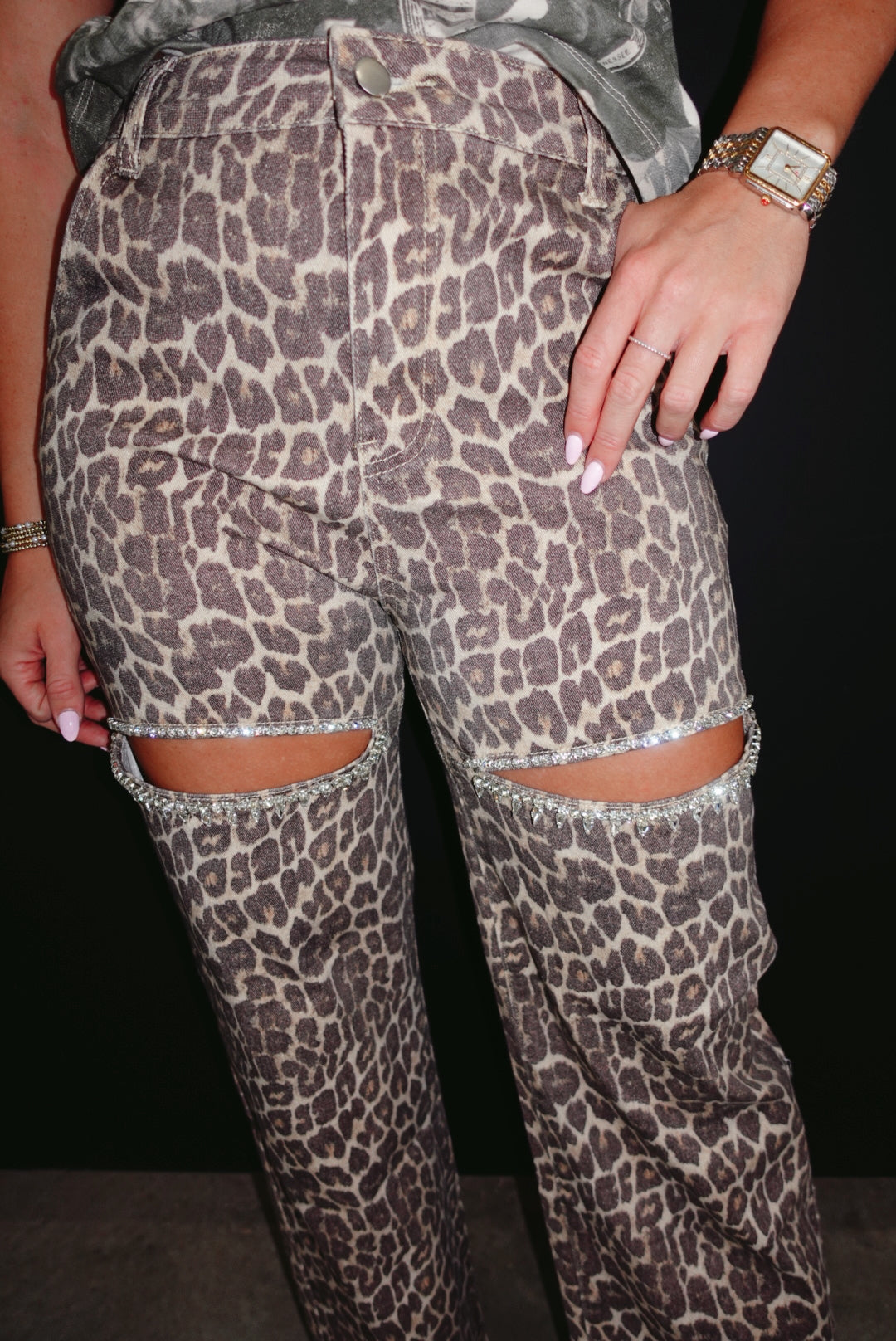 Lainey Leopard Print Rhinestone Cutout Jeans