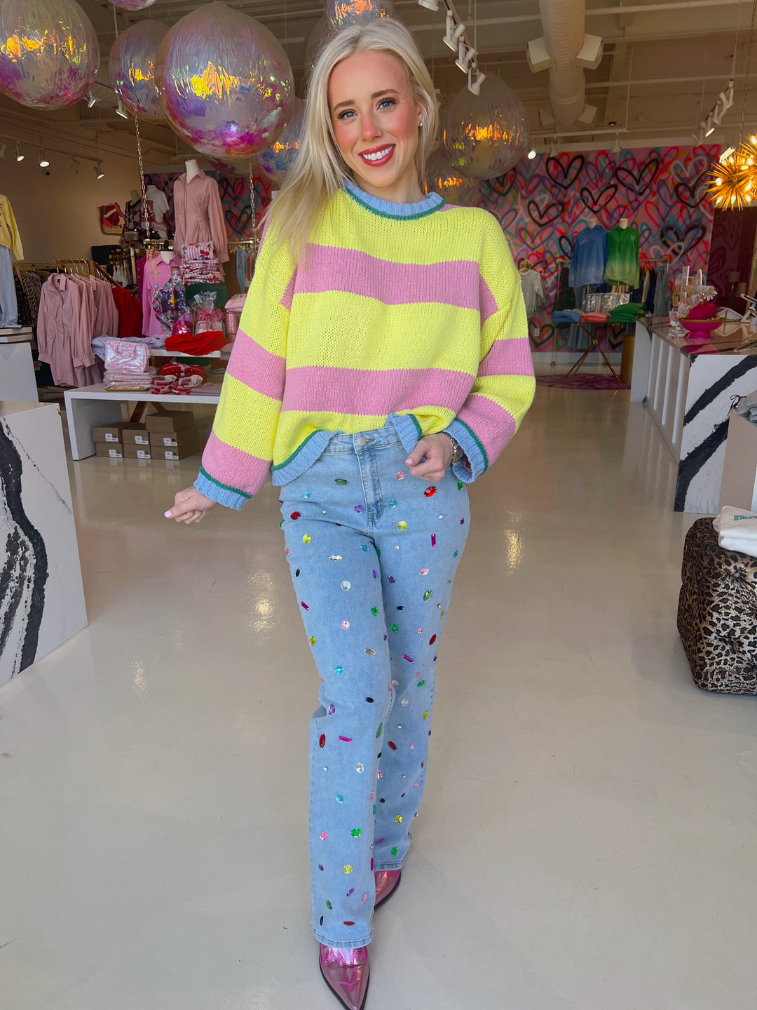 Mid Rise Rainbow Jewel Embellished Denim Jeans