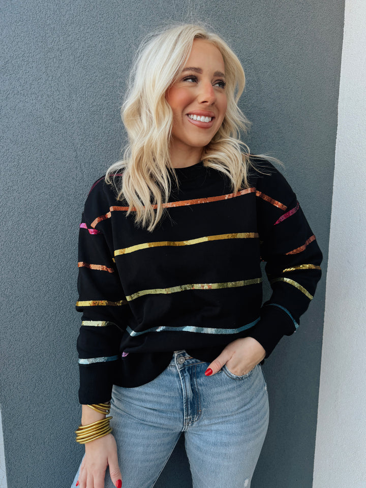 Black Rainbow Sequin Stripe Sweatshirt