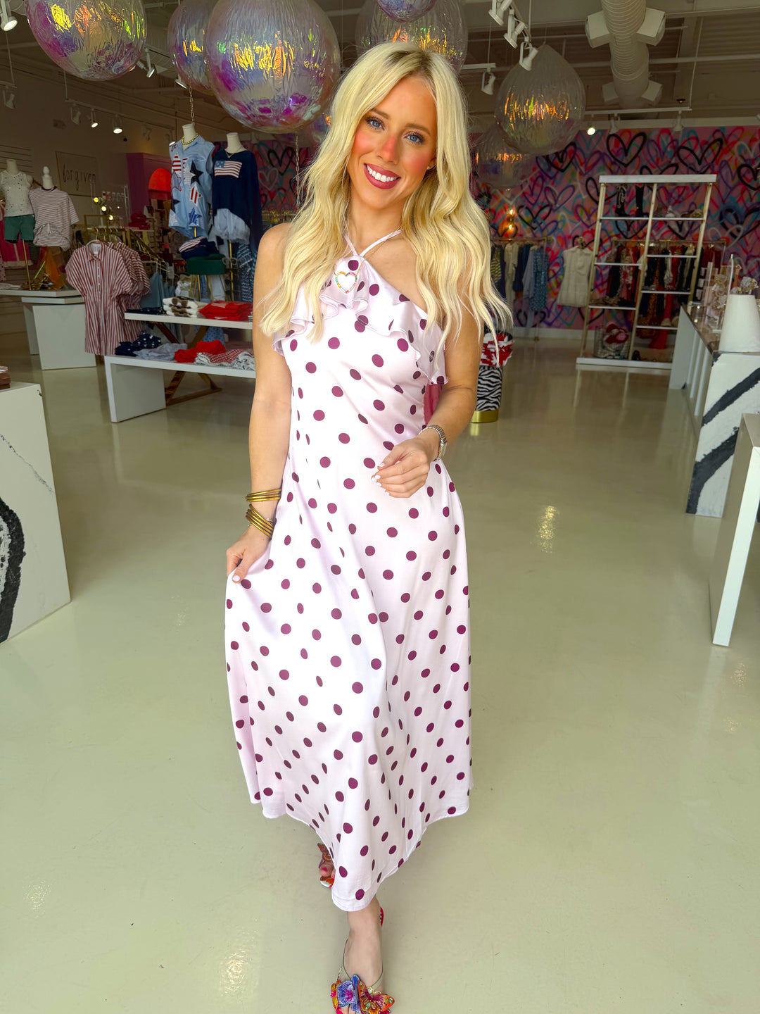 Polka Dot Print Ruffle Trim Slip Midi Dress
