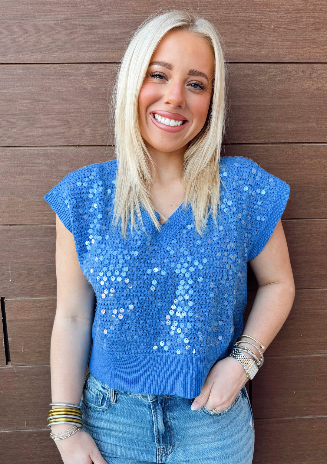 Sequin Sky VNeck Sweater Top