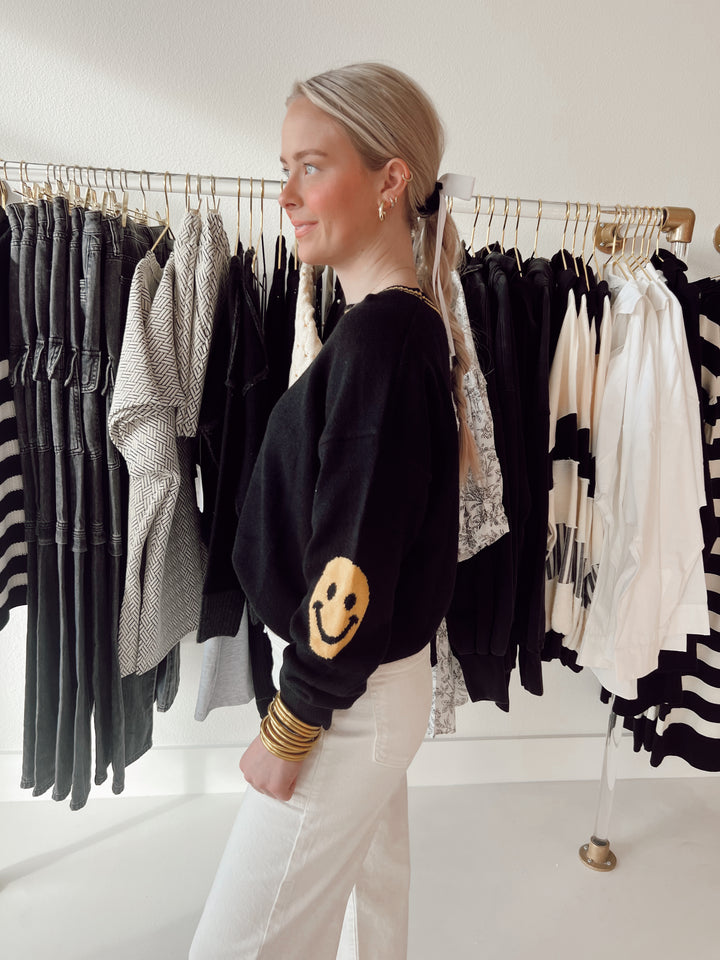 Black Smiley Face Elbow Patch Knit Sweater