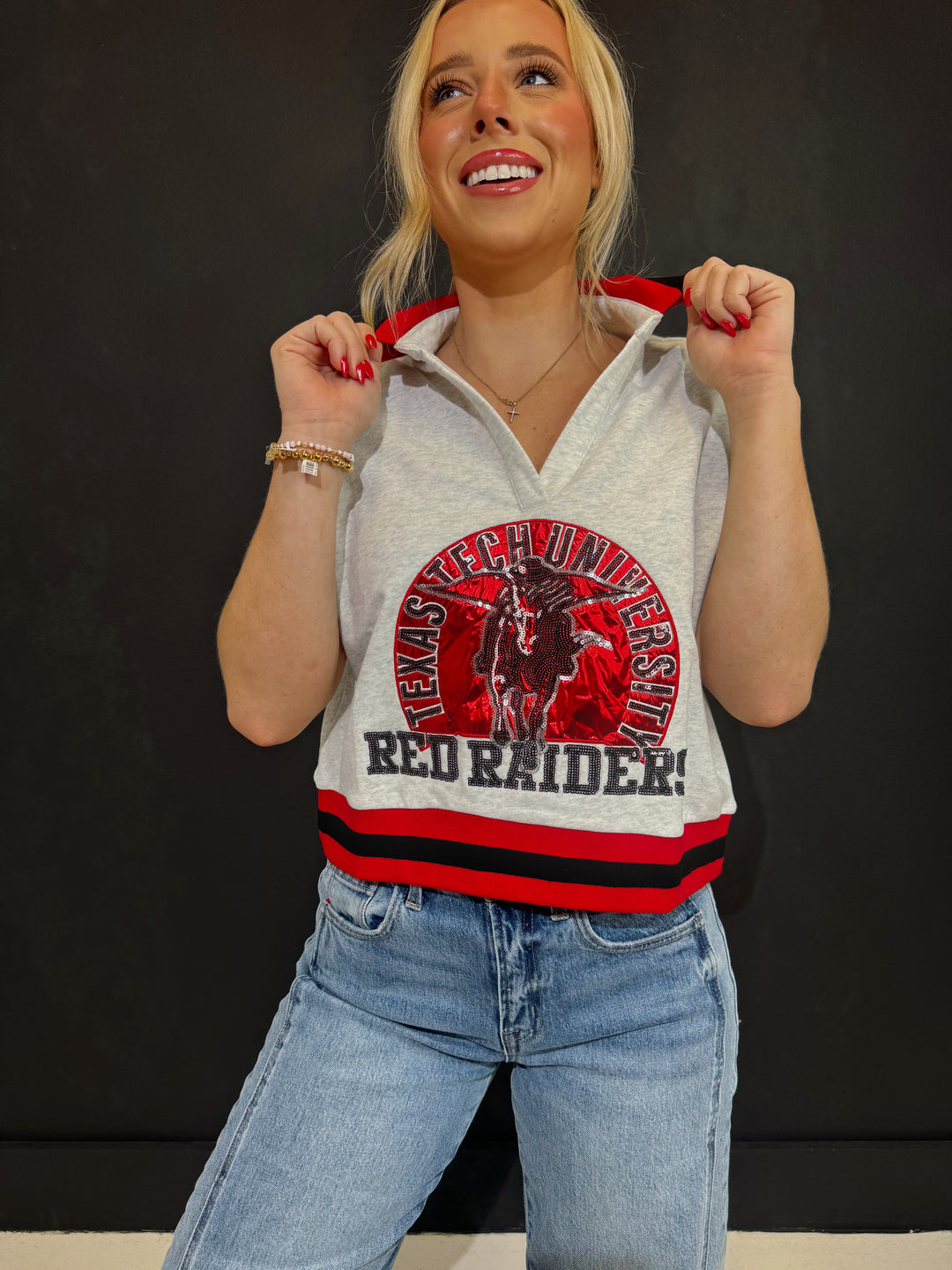 QOS Texas Tech Striped Collar Circular Mascot Tank