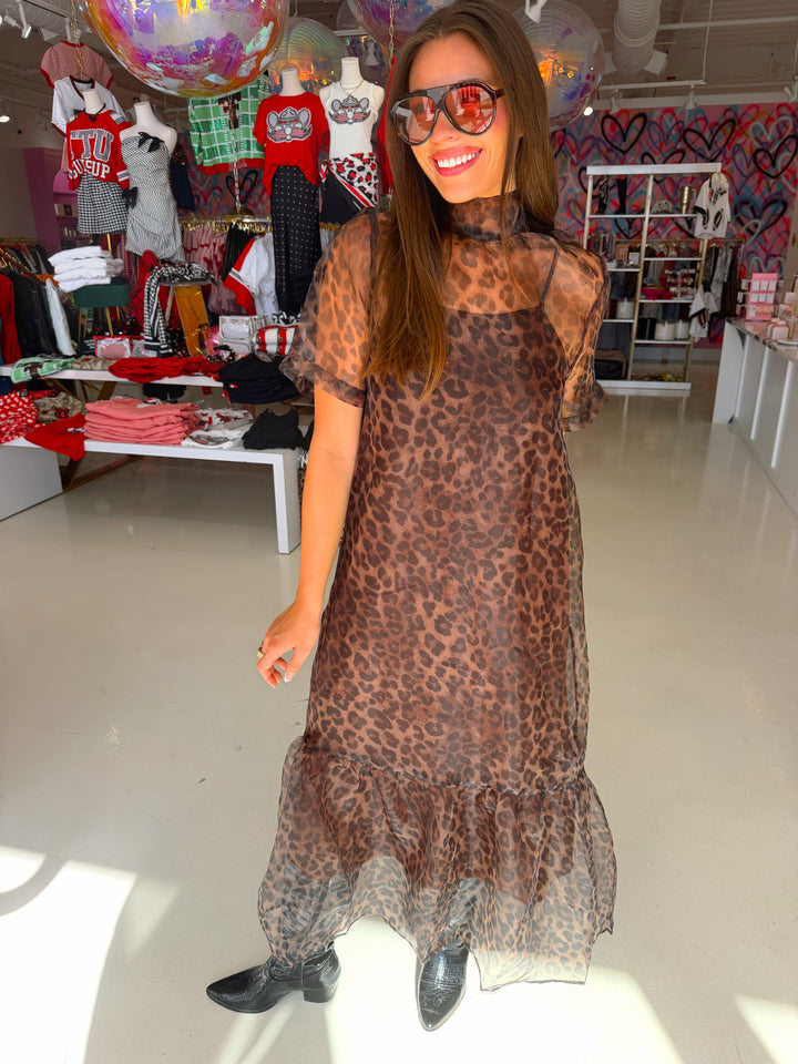 Sheer Brown Leopard Midi Dress
