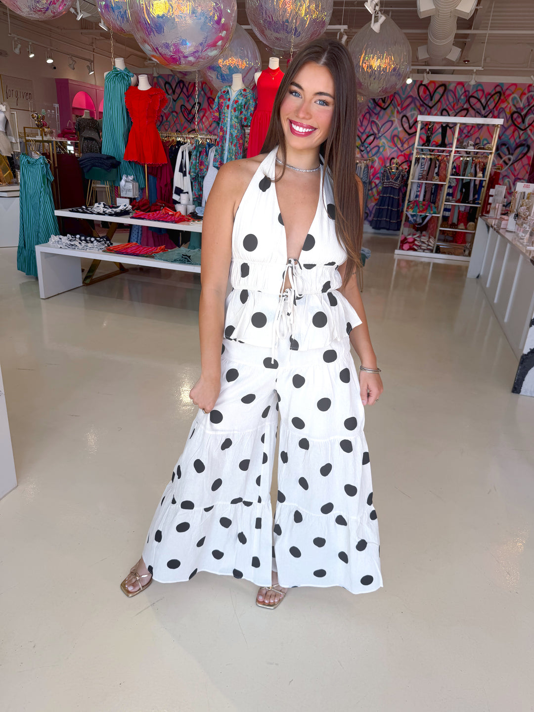 Polkadot Halter Top and Wide Leg Pant Set