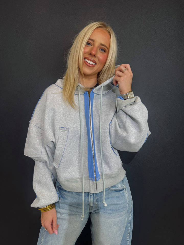 Ansley Ash Grey|Blue Zip Up Hoodie