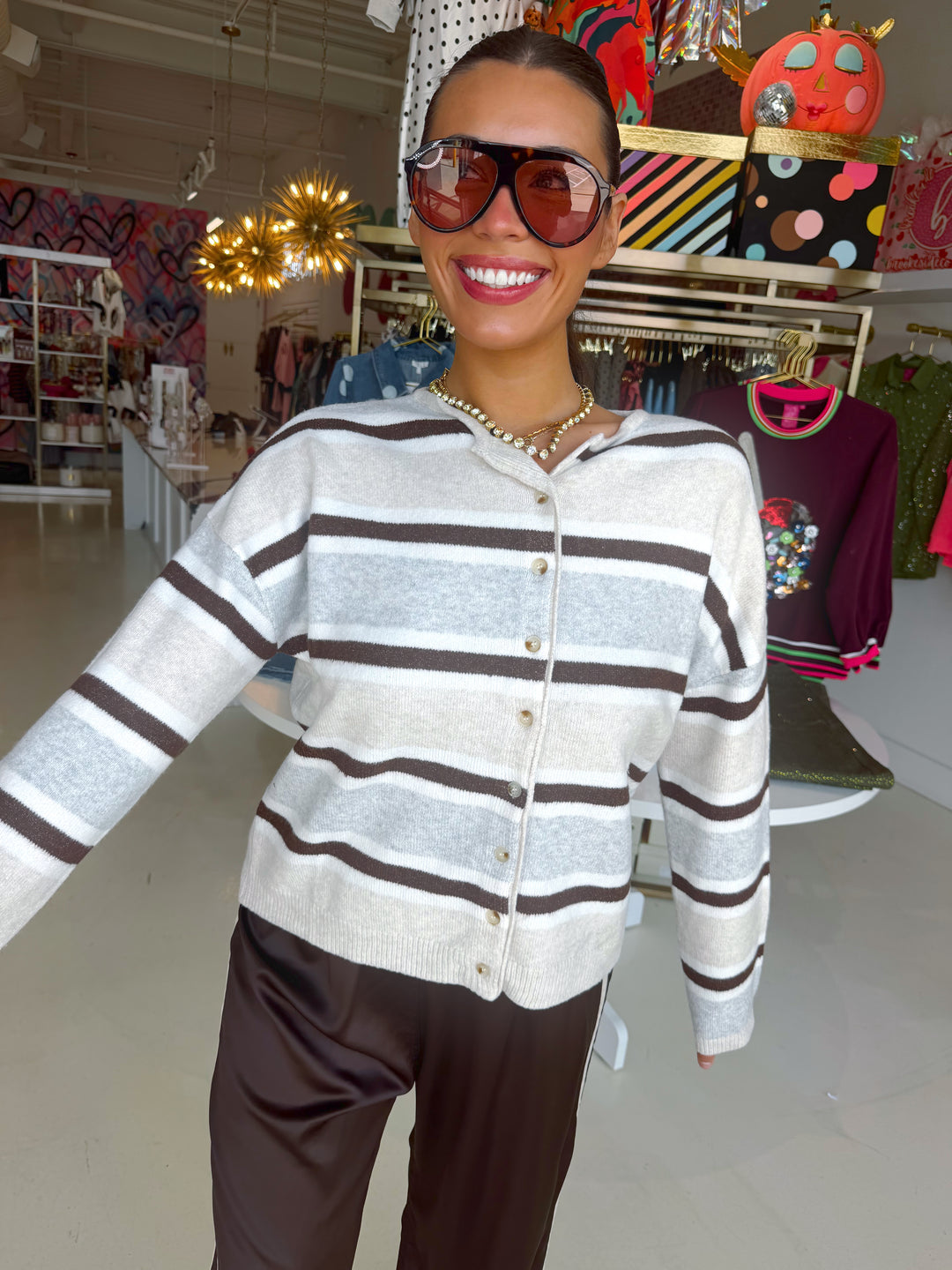 Caroline Cream & Brown Multi Stripe Cardigan