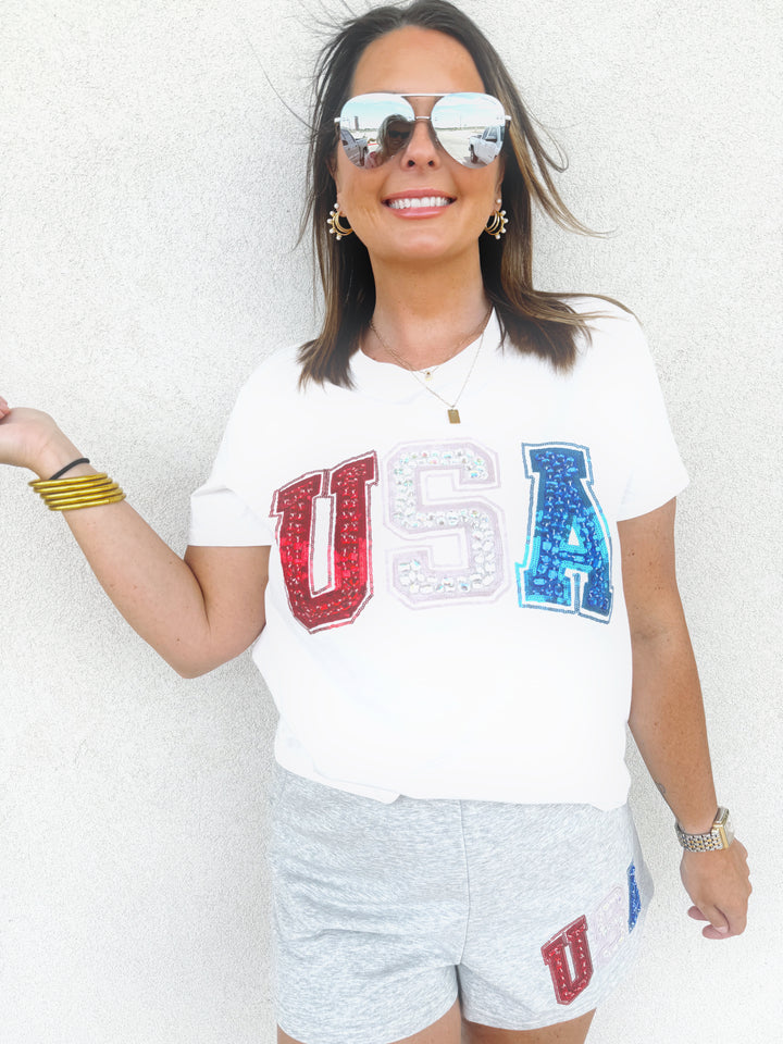 QOS White USA Beaded Tee