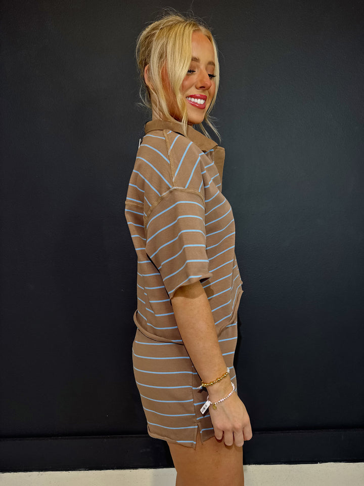 Mocha|Blue Striped Knit Top & Matching Short Set
