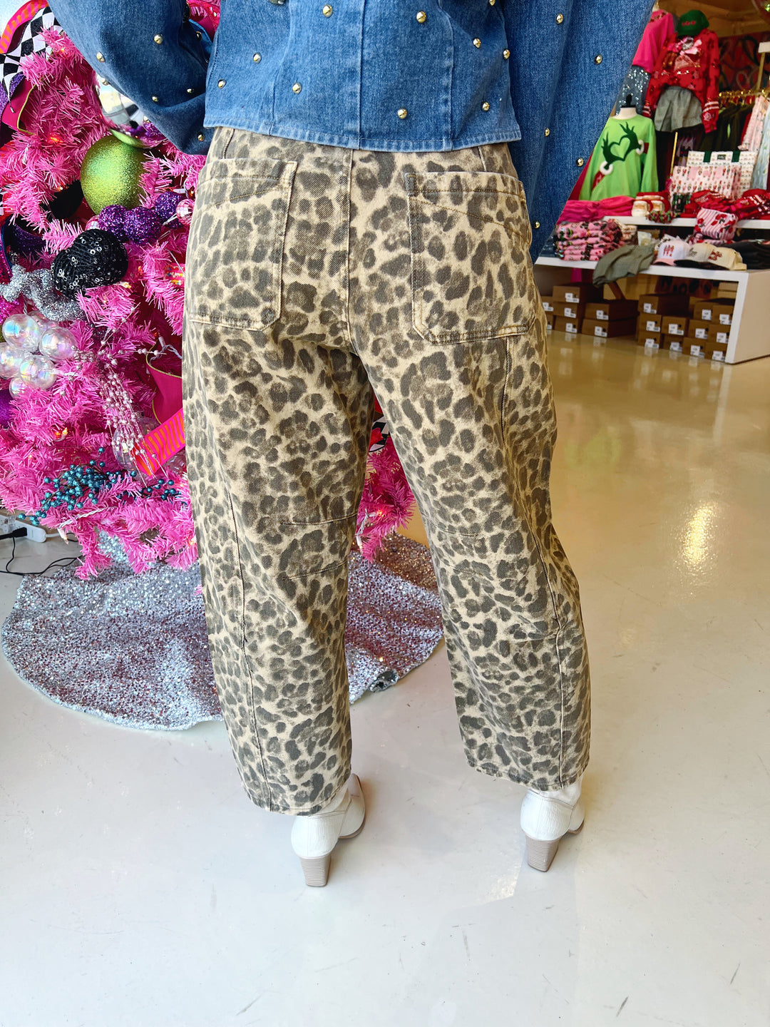 Denim Leopard Barrel Jeans