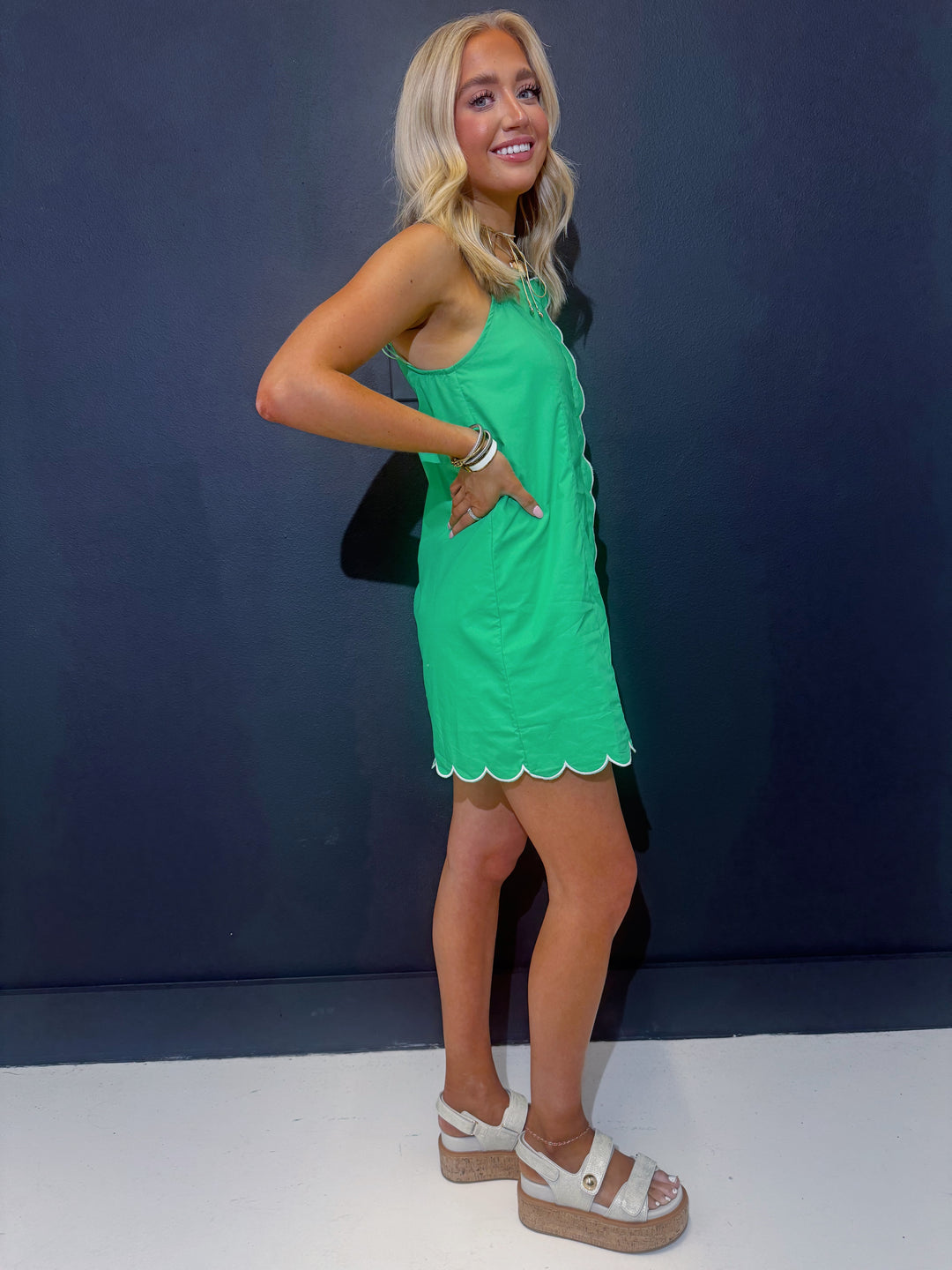 Green Scalloped Spaghetti Strap Dress