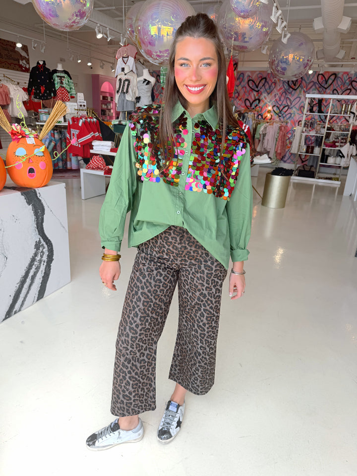 QOS Dark Green Multi Sequin Button Up Top