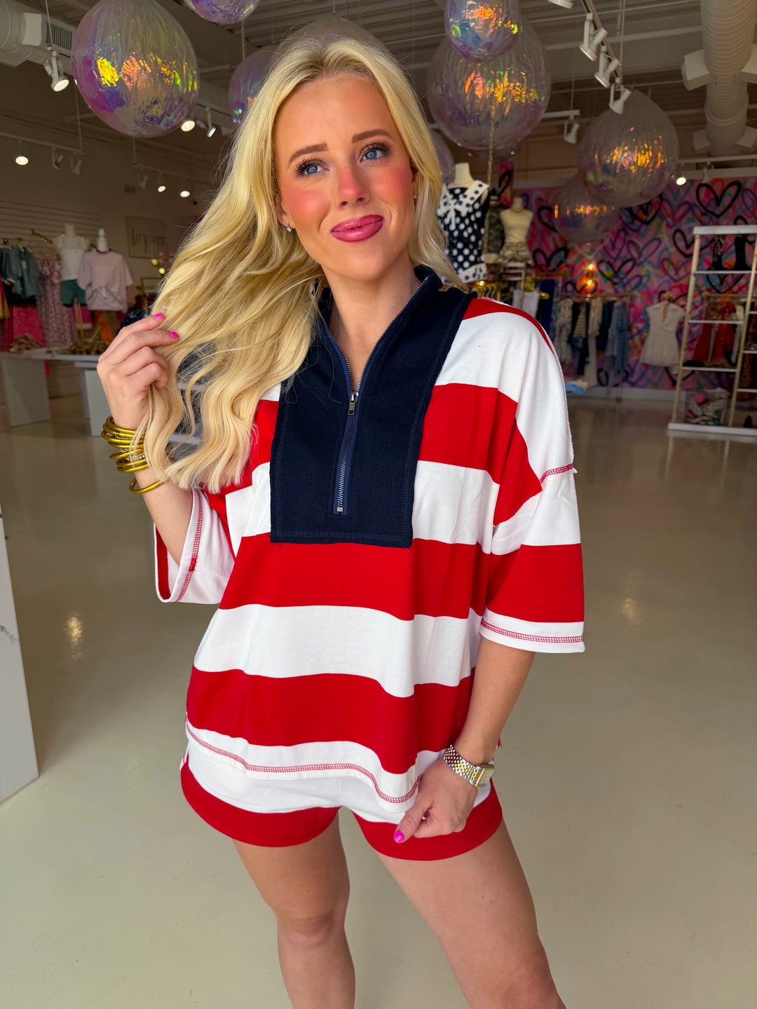 Striped Half Zip Shorts Sleeve Top and  Shorts Set