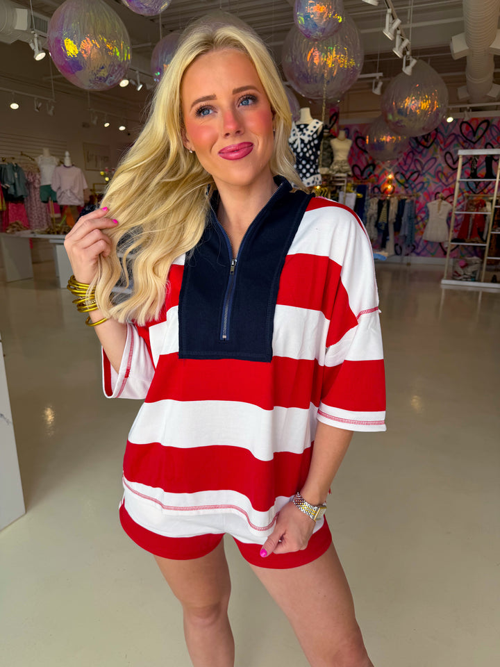 Striped Half Zip Shorts Sleeve Top and  Shorts Set