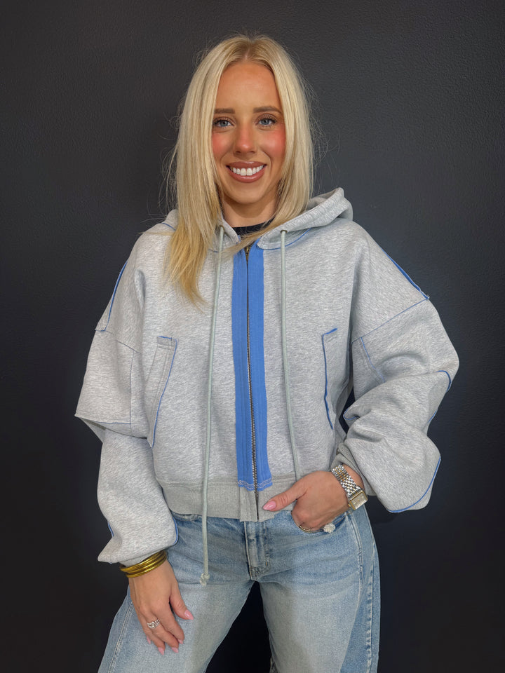 Ansley Ash Grey|Blue Zip Up Hoodie