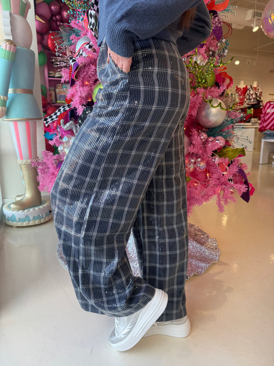 Sequin Navy Plaid Dress Pants