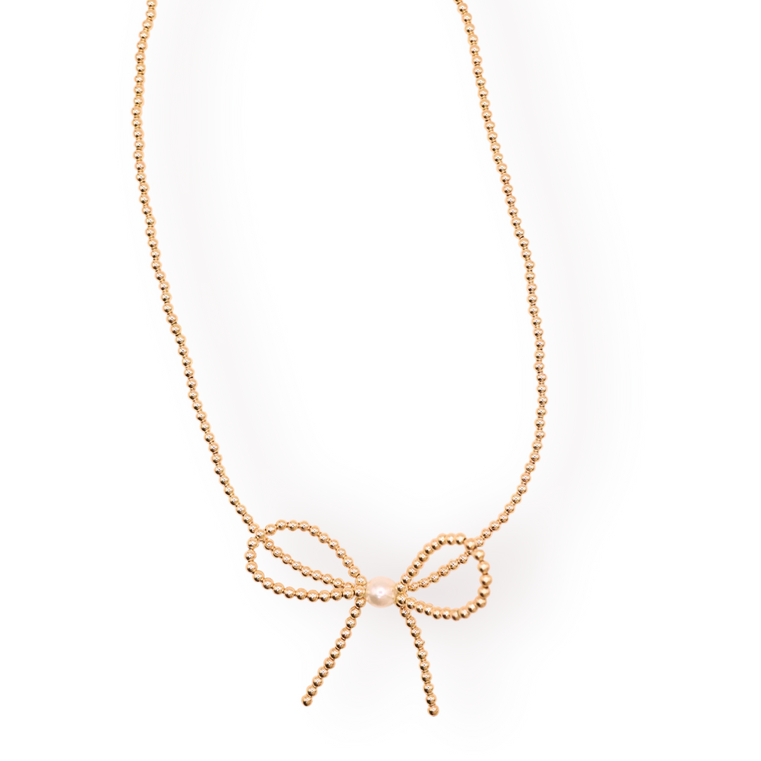 Gold BB Bow Necklace 16in