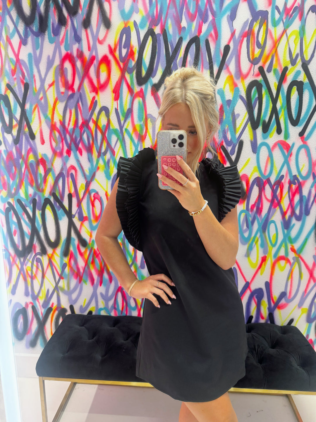 Black Pleated Shoulder Mini Dress