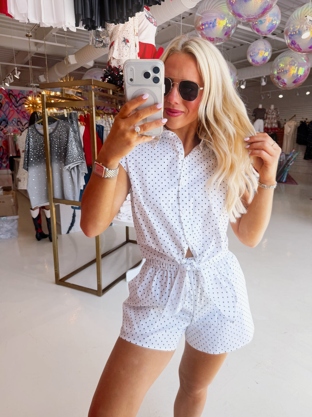 Faye White Polka Dot Shorts & Button Up Tie Top