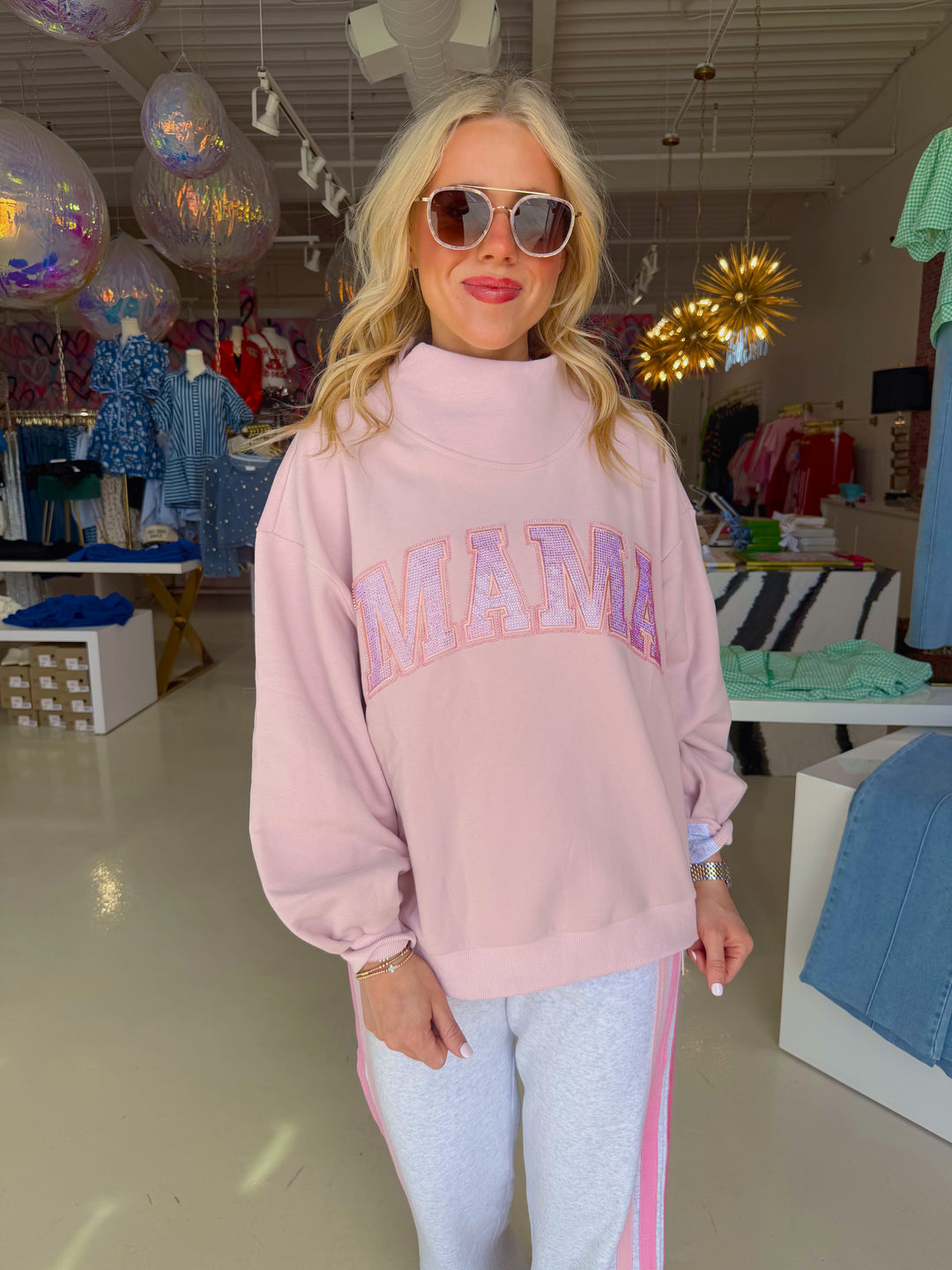 QOS Light Pink 'MAMA' Mock Neck Sweatshirt