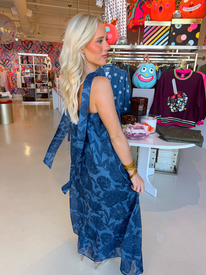 Navy Floral Flowy Strapless Dress With Scarf