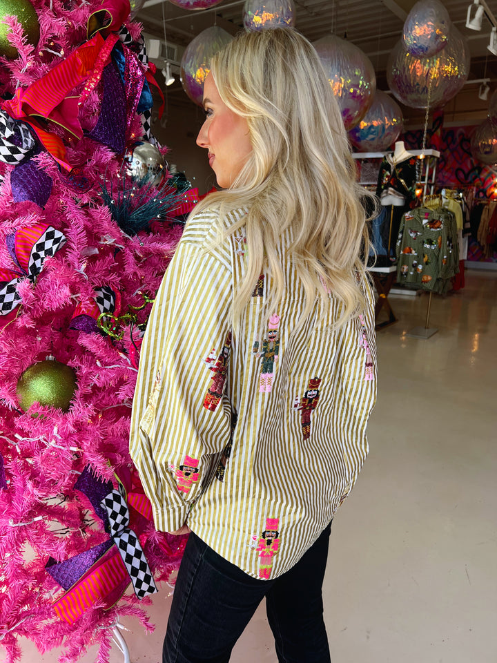 QOS Gold Metallic Stripe Nutcracker Button Up Top