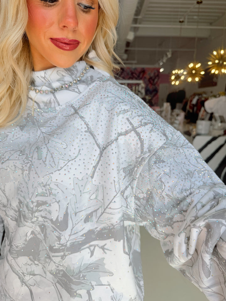 QOS Grey Rhinestone Camo Mockneck