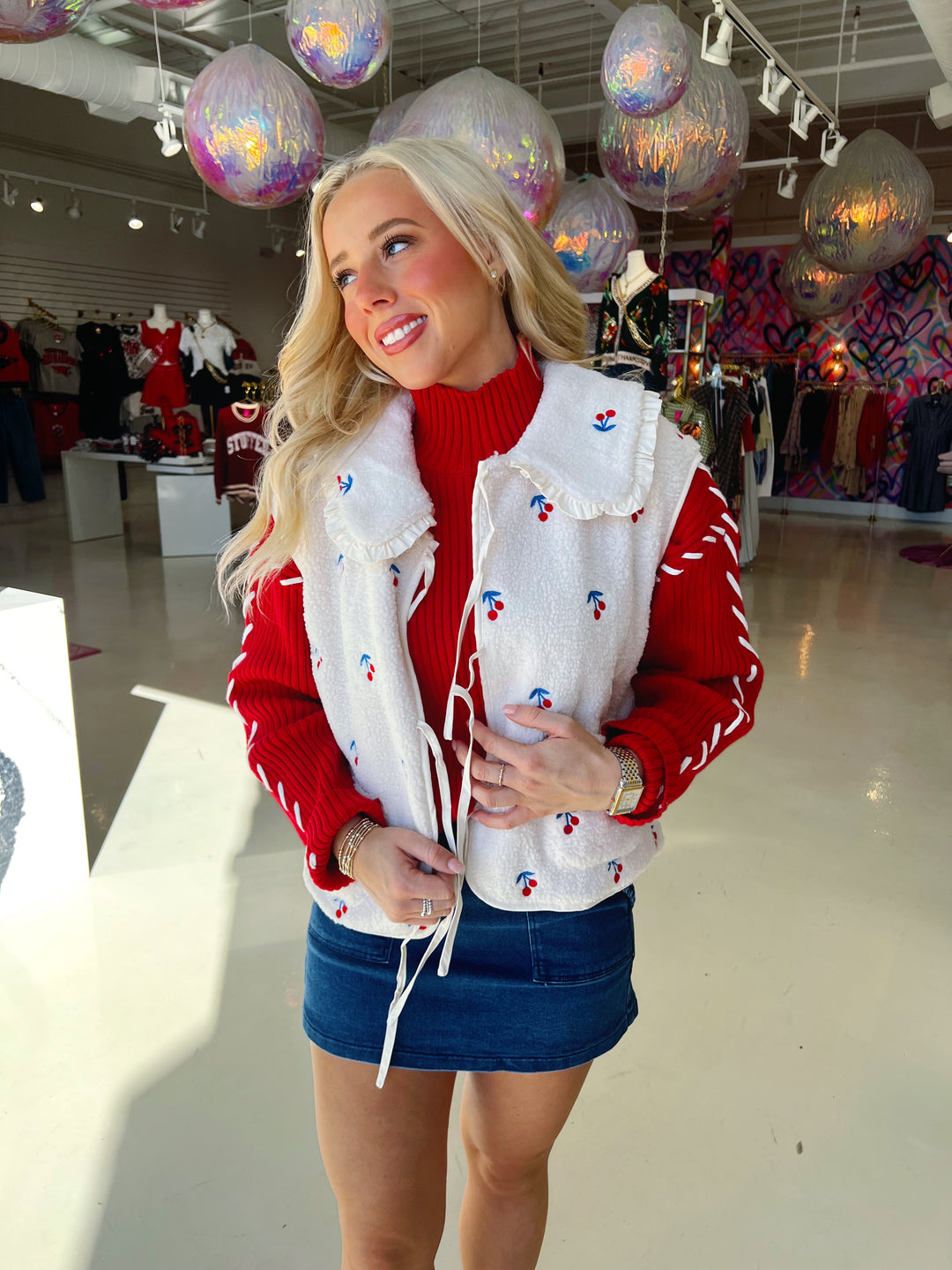 Sweetest Cherry Sherpa Tie Vest W/ Ruffle Collar