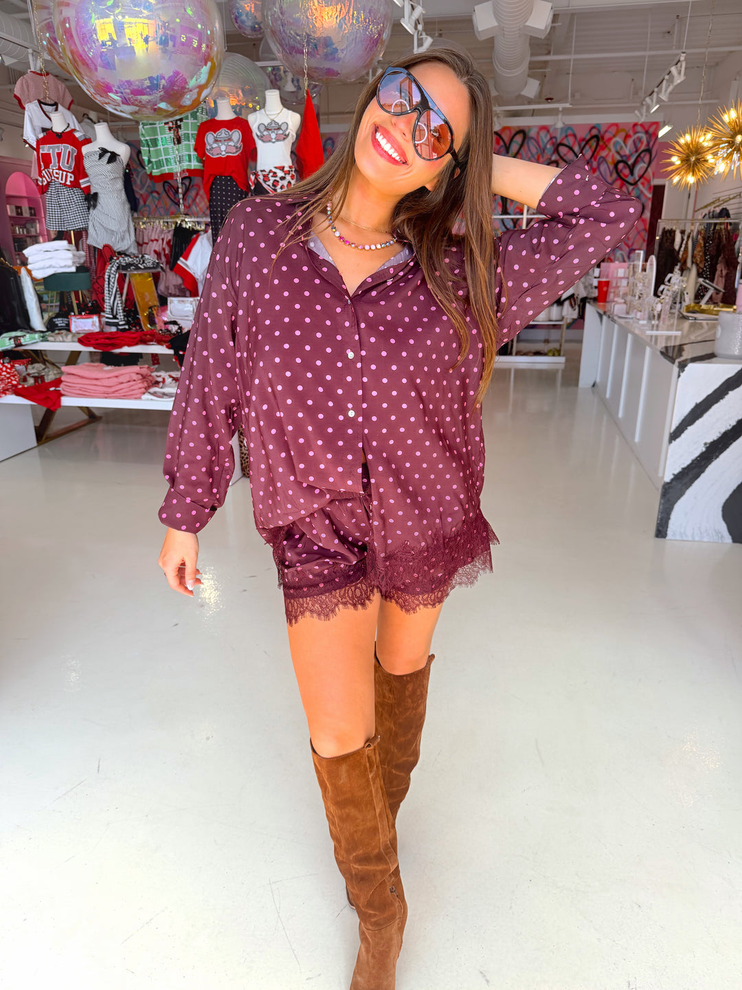 Plum Polkadot Lace Short & Oversized Shirt Set