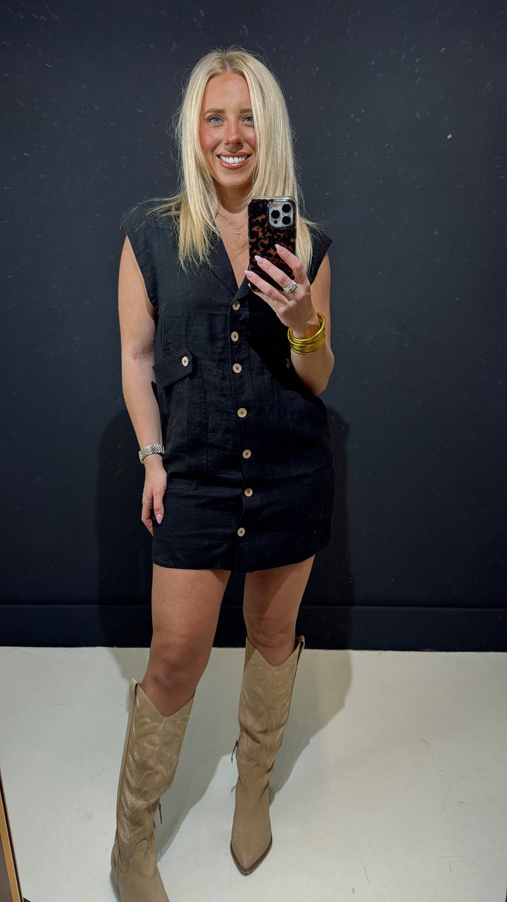 Black Linen Brown Button Up Dress